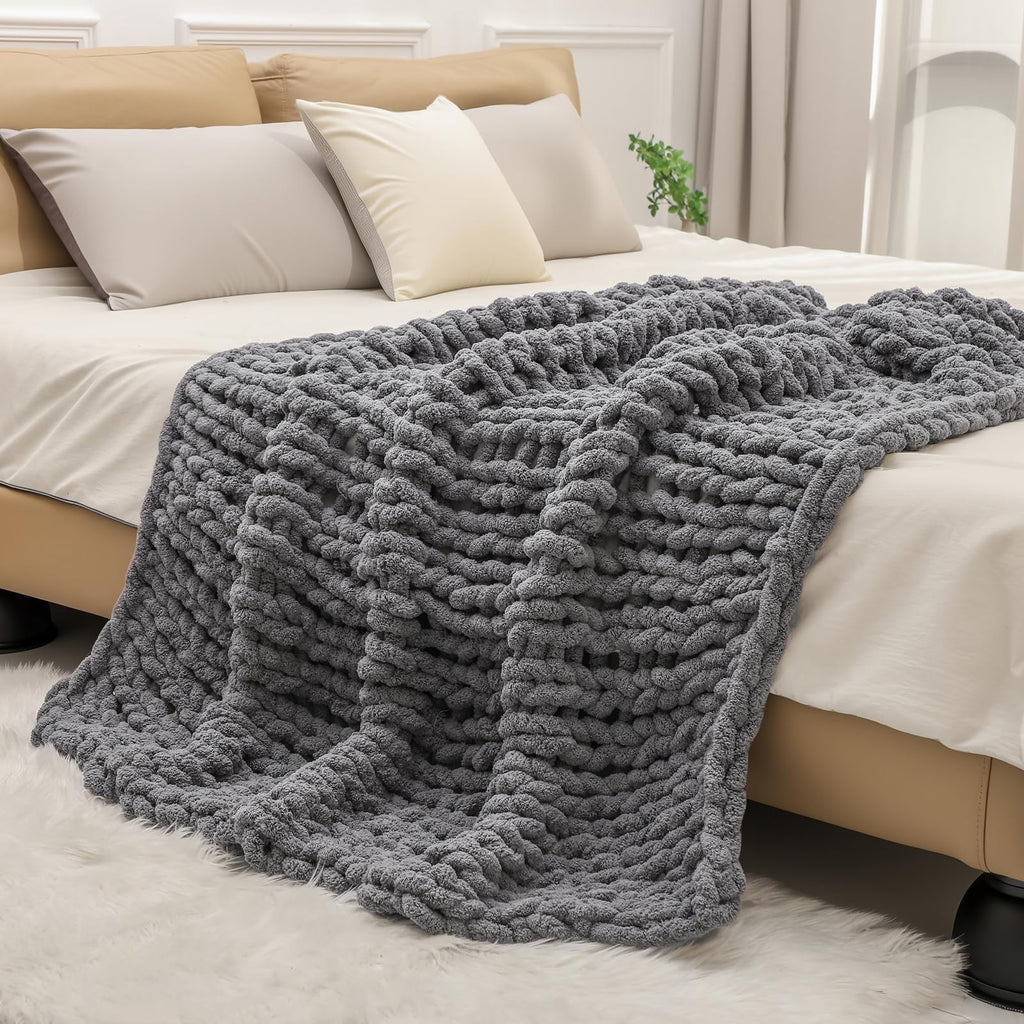 Chunky Knit Handmade Throw Blanket 60x80 Jumbo Chenille Dark Gray
