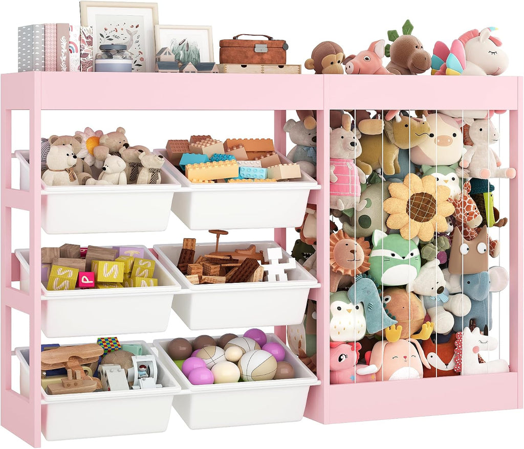 50.6"W x 39.4"H Kids Toy Organizer with Stuffed Animal Storage, Wooden | Kids Storage with 153L Stuffed Animal Zoo, 6