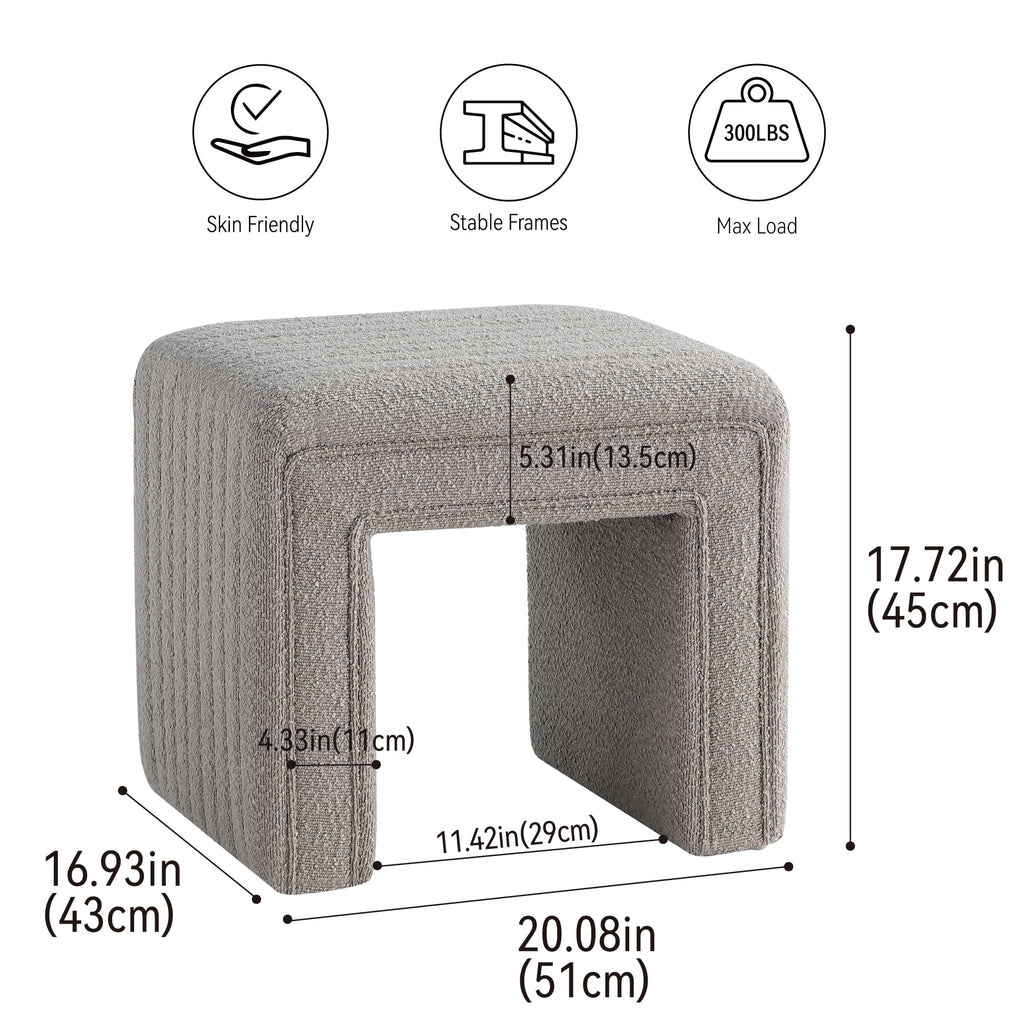 Vanity Stool Chair, Fully Assembled Modern Boucle Ottoman Footstool with Wooden Legs, Multifunctional Upholstered