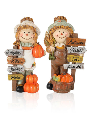 2-Pack Thanksgiving Scarecrow Figurines with Inspirational Autumn Plaques - Durable Resin 5.5'' Thanksgiving Table