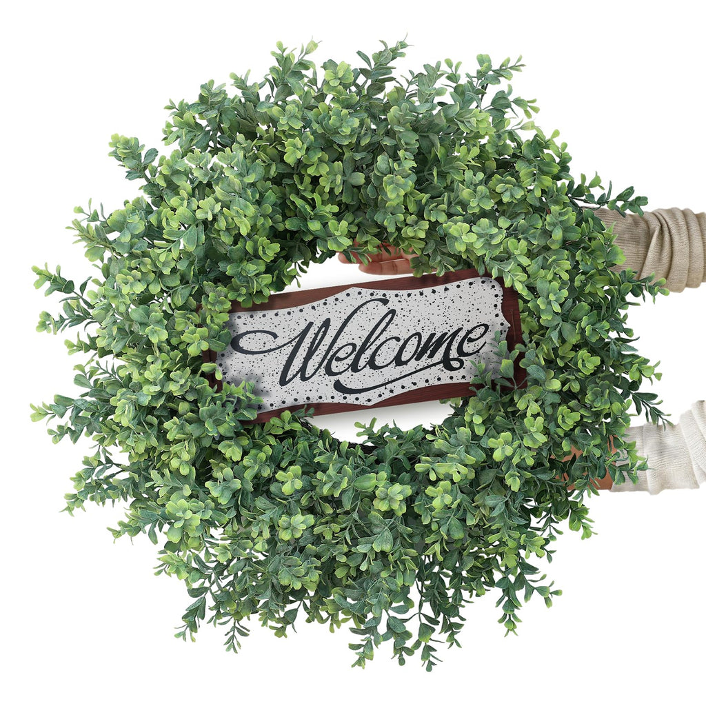 26" Artificial Boxwood Wreath with Welcome Sign for Front Door Decor(Green)