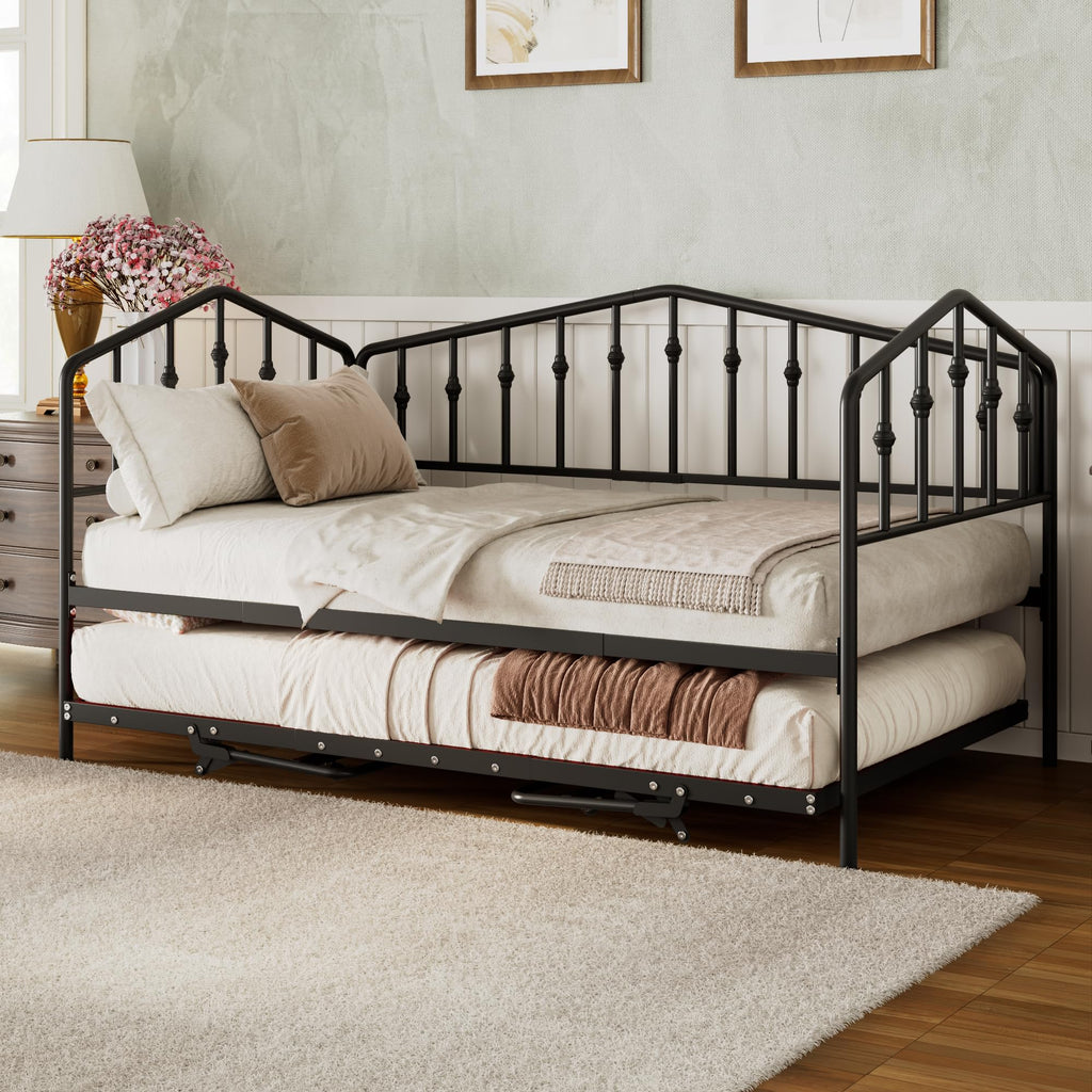 Daybed with Trundle, Metal Daybed with Vintage Headboard, to Extendable Bed Frame, No Box Spring