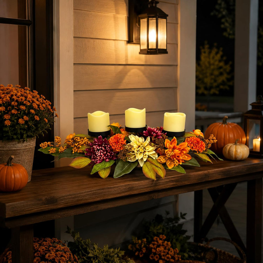 25 Inch Fall 3 Candle Holder Centerpiece with Dahlias and Mums