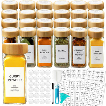 Glass Spice Jars with 398 Labels, 24 pcs 4oz Spice Containers with Bamboo Lids, Square Spice Bottles With Shaker