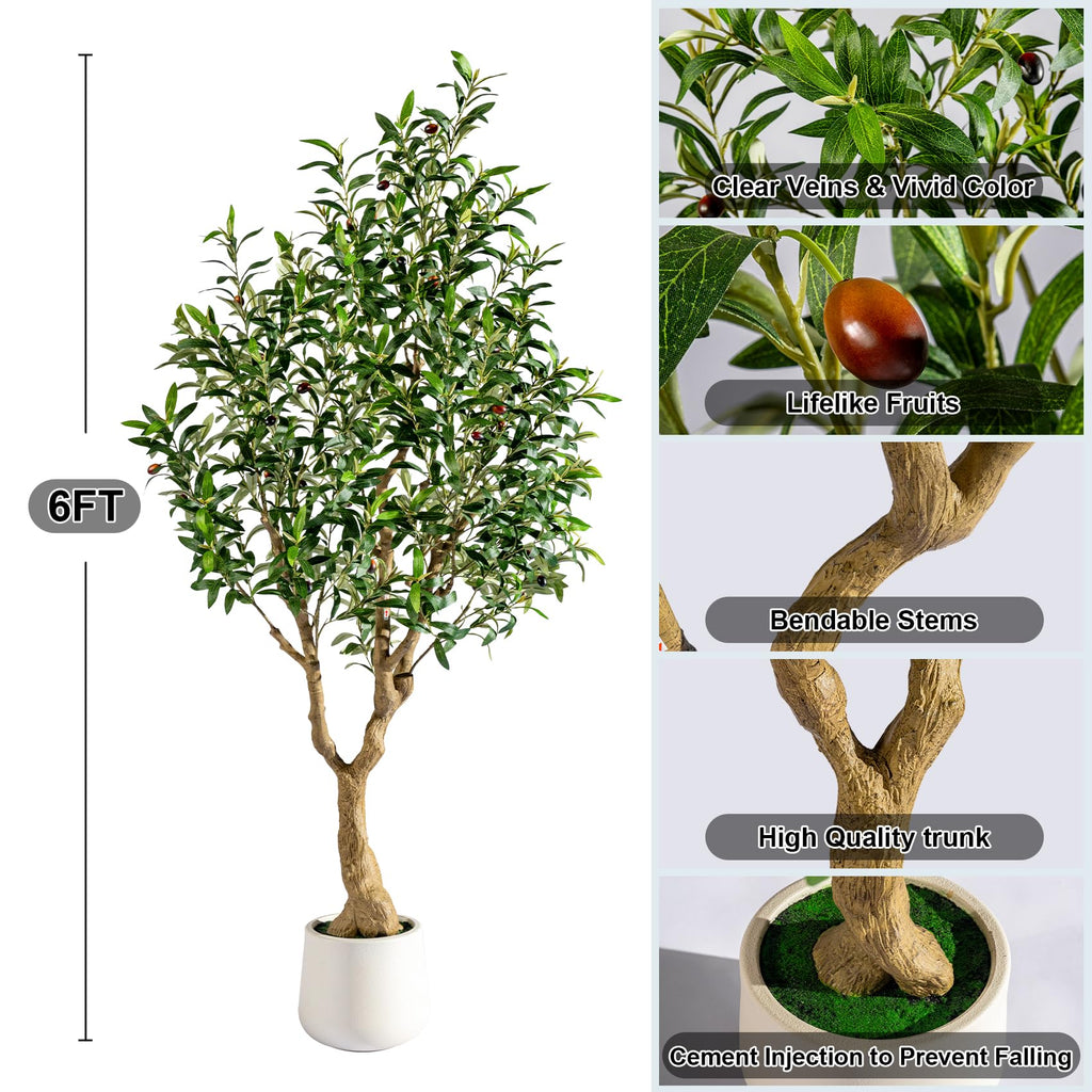 6FT Faux Olive Tree with Tall Exquisite Planter Artificial Olive Tree Tall, Potted Fake Olive Plant with 1260 Real