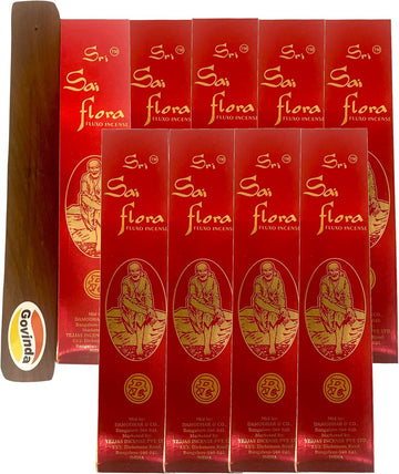 Sri Sai Flora Fluxo Incense 9 Packs of 25 Grams and Holder Bundle - Set of 81