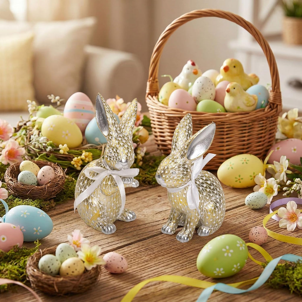 Easter Bunny Figurines, Spring Resin Gold Silver Rabbit Samll Statue Table Decor, Tabletop Centerpieces - Set of 2