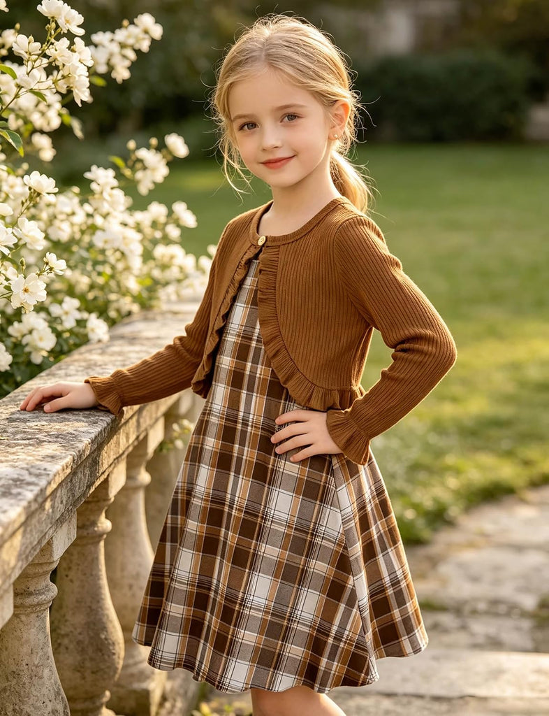 Girl Sleeveless Dresses with Long Sleeve Ruffle Cardigan