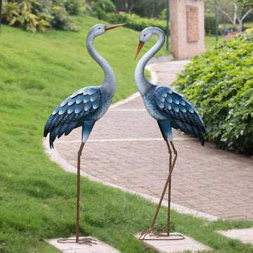 Blue Metal Heron Statues,Outdoor Garden Crane Sculptures 47-48 Inch | Waterproof and Rust-proof Bird Yard Art, For
