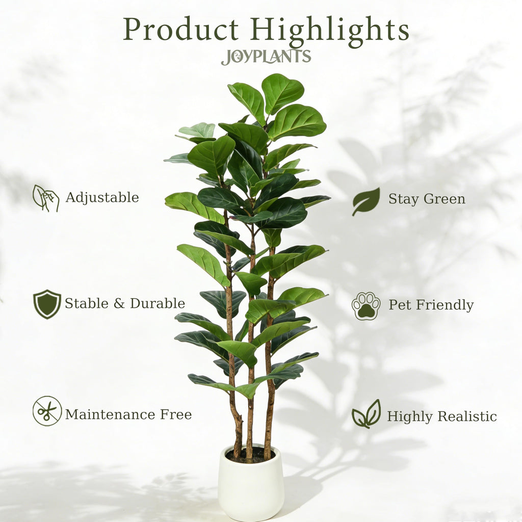 5FT 3-Trunk Artificial Fiddle Leaf Fig Tree with White Planter