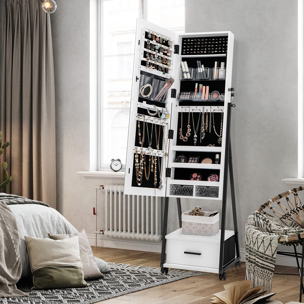 Rolling Jewelry Cabinet with Full Length Mirror, Lockable, White
