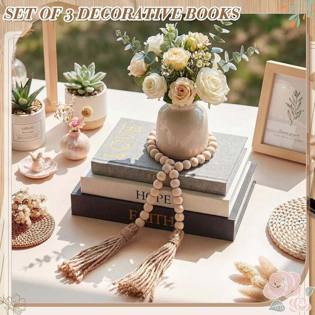 Set of 3 Linen Decorative Books with Wooden Beaded Garland Tassel Elegant Aesthetic Fake Books for Coffee Table Shelf
