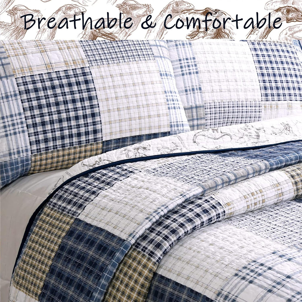 Cute Dinosaur Plaid Navy Blue White Grey Bedding Quilt Set 100% Cotton Reversible Coverlet Bedspread Set for