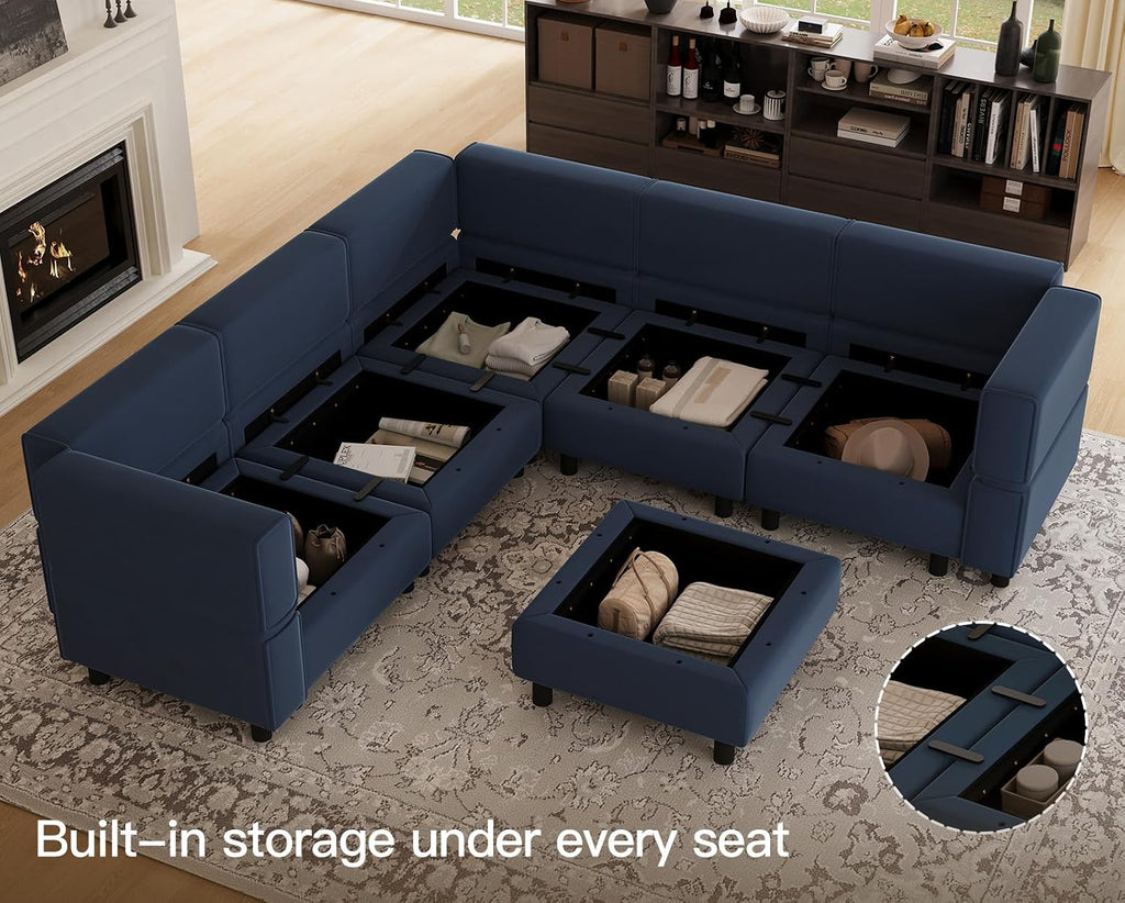 Modular Sectional Sofa with Storage Seats Velvet L Shaped Corner Couch Convertible Sectional Sofa with Chaise (Blue