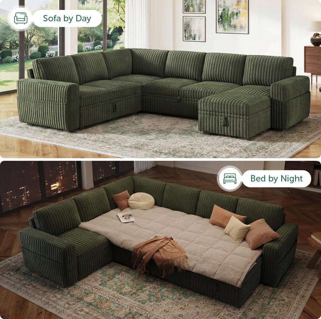 Corduroy U Shaped Sectional Sleeper Sofa with Pull Out Bed, Green
