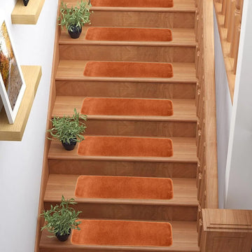 Washable Medium Profile Soft Pile Solid Color Design Stair Treads Set of 13 (Orange, 8" x 30")