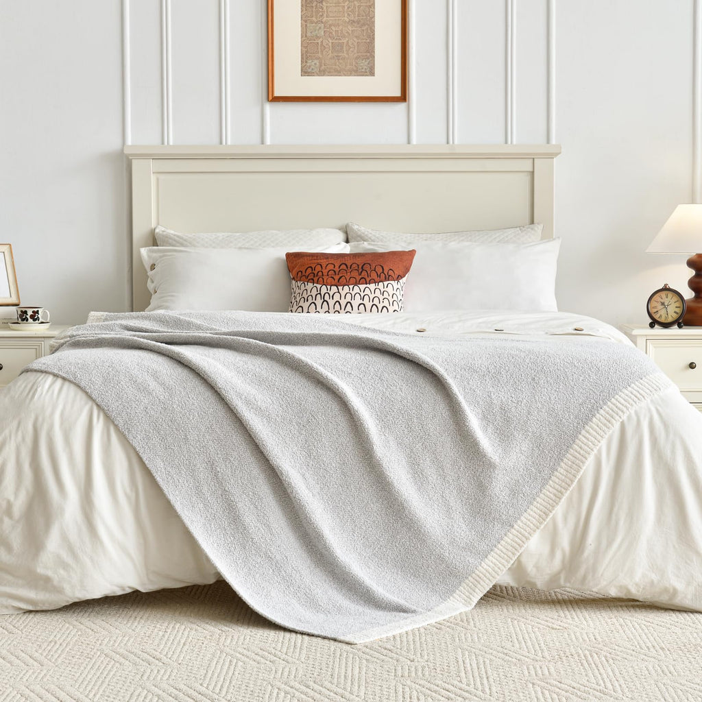 Chunky Knit Boucle Throw Blanket, Soft Washable Coastal Blanket for Bed Couch, Lightweight Cozy Oversized Feather