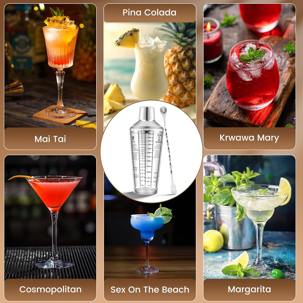 Glass Cocktail Shaker Set, 23oz Bartender Kit with Built-in Strainer, Ice Tongs, Measuring Jigger, Muddler & - Set of 3