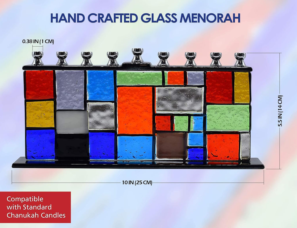 Glass Hanukkah - Wall of Unity Multicolored Chanukah - Handcrafted Painted Glass - Fits All Standard Candles