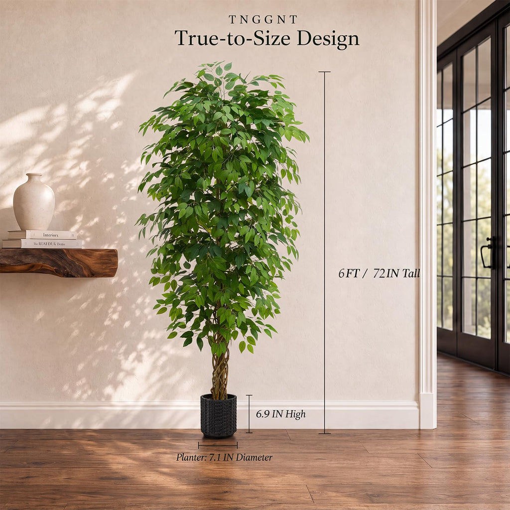 Artificial Ficus Tree:6FT Tall Faux Silk Floor Plant (Black Planter)