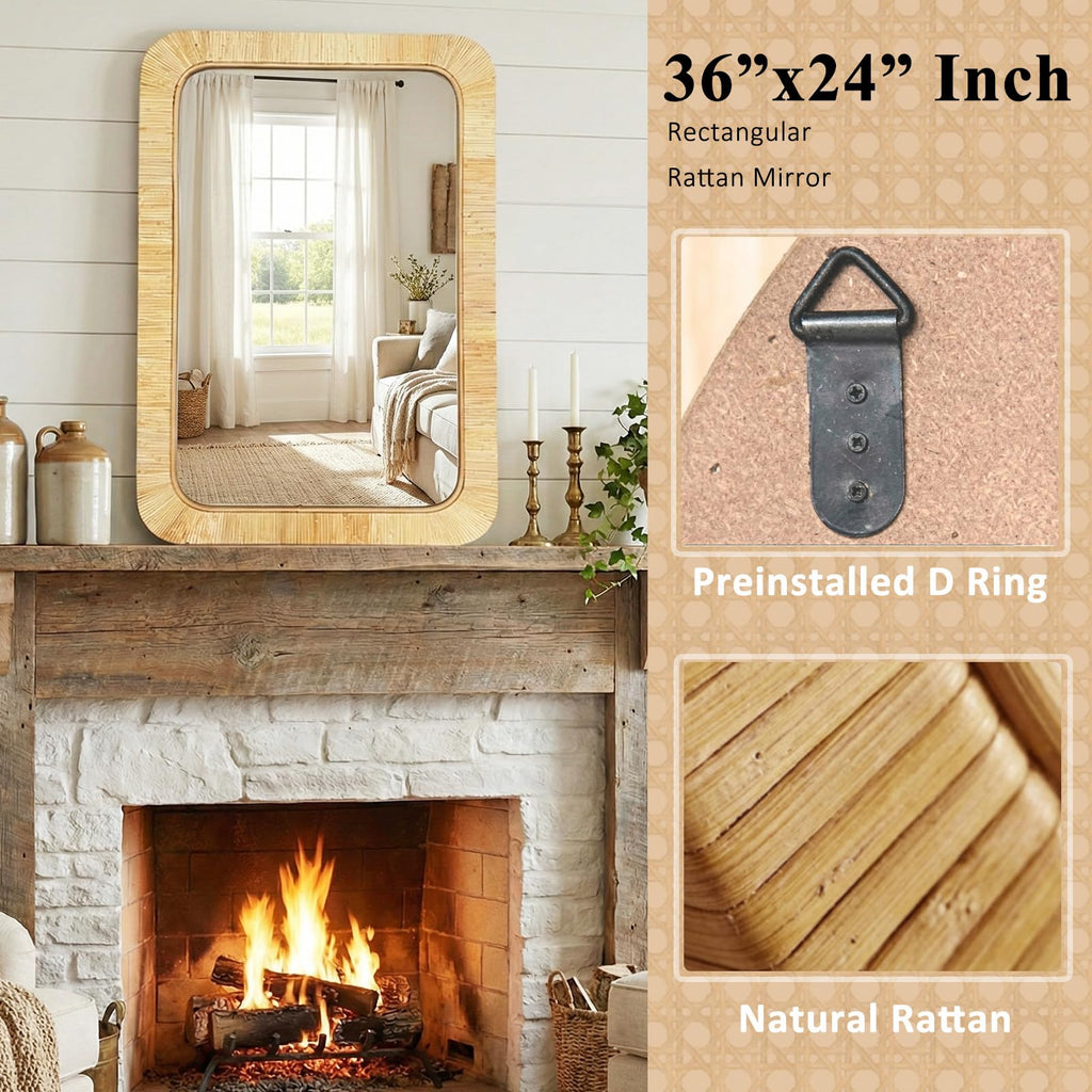 Handmade Rattan Mirror Vanity - Rectangular Wicker Frame Boho Wall Decor - Natural Nursery Decor Accent (24" x 36")