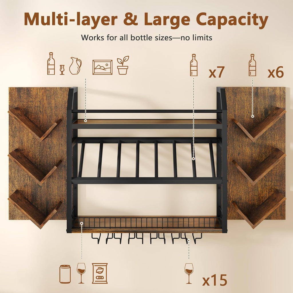 48.6in Wall Mounted Wine Rack, 3 Tier Hanging Wine Racks with Glass Holder, Large Capacity Bar Shelves, Metal Wood
