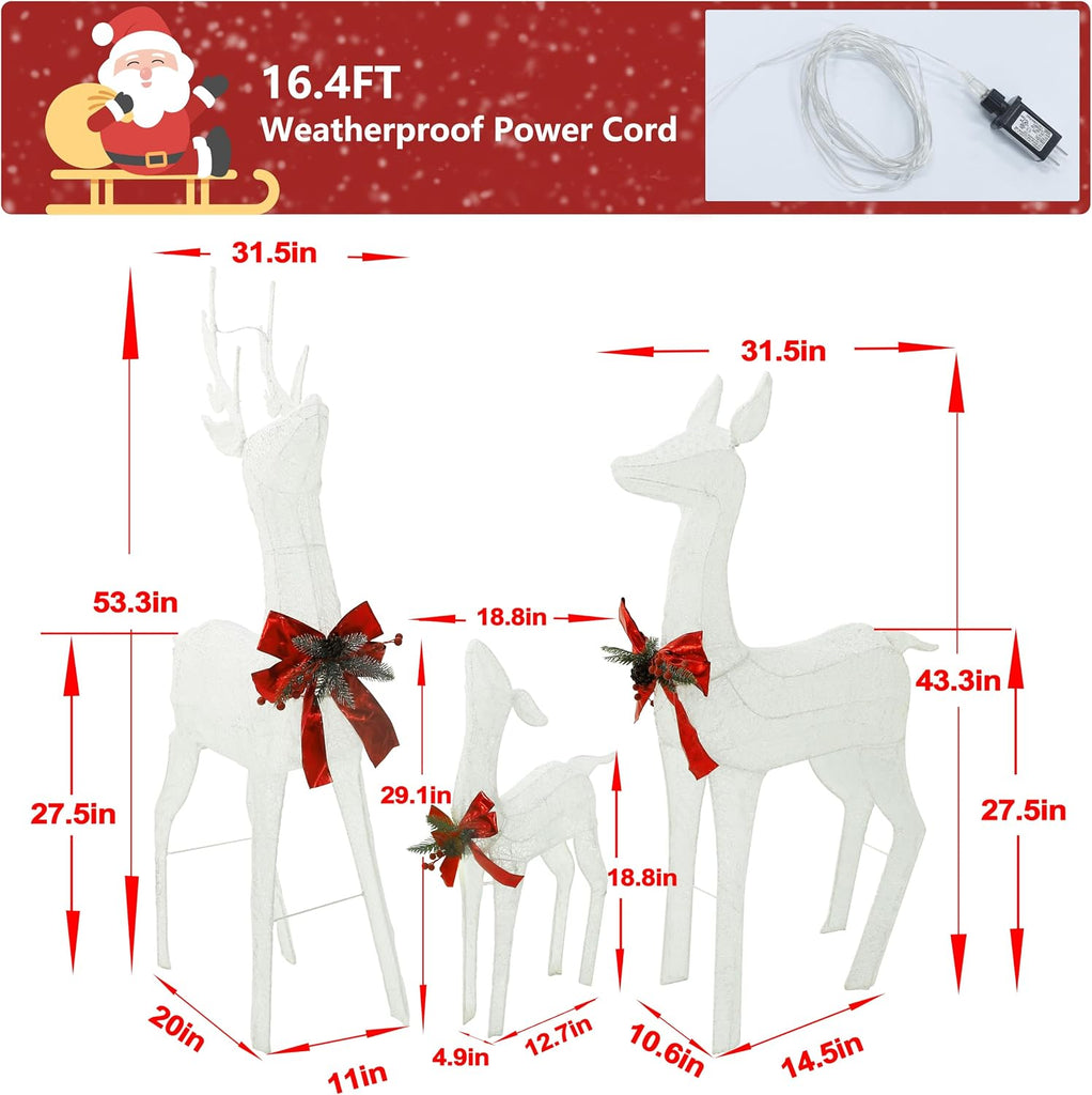 4.5FT Lighted Reindeer Family Set for Christmas Decoration, 3-Piece Pre-Lit Iridescent Deer Xmas Decor with 200 LED
