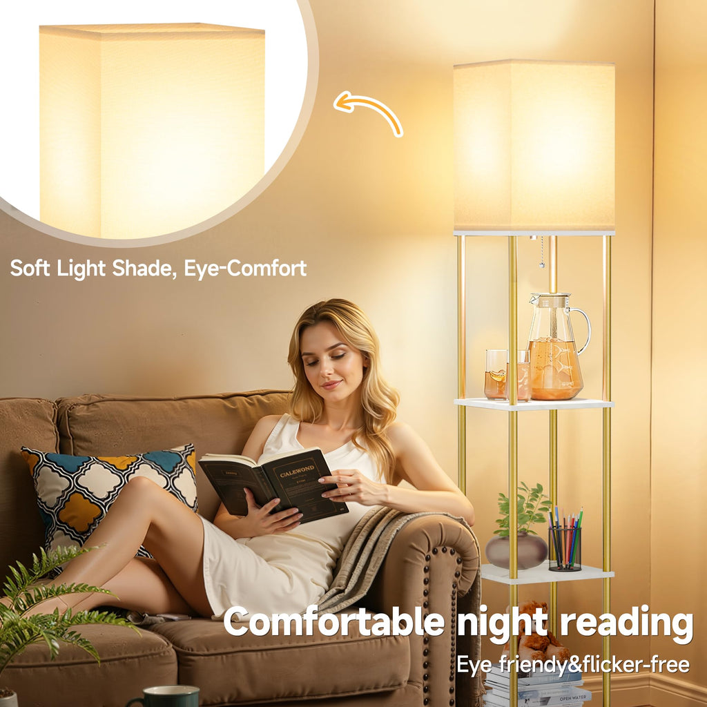 Floor Lamp with Shelves, 3-Tier Square Modern Shelf Lamp
