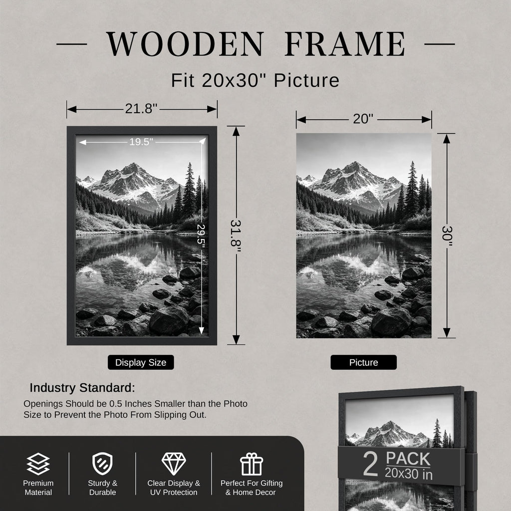 20x30 Frame, Black Wood Poster Frames for Wall Display, 2 Pack