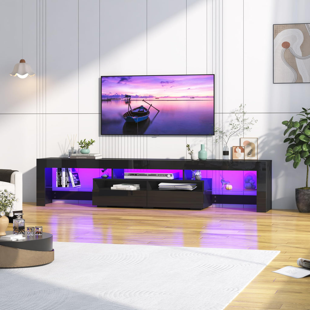 86.6in TV Stands for 85/90/95 inch TV, Modern LED, Black TV Stands, High Gloss TV Entertainment Center with Storage