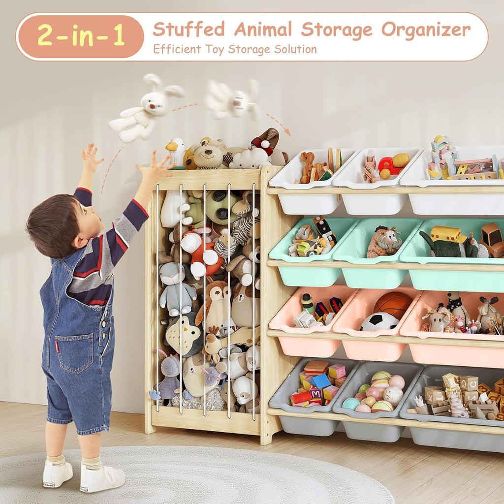 Kids Toy Storage Organizer, 2-in-1 Stuffed Animal Storage & Toy Organizer w/12 Bins, Solid Wood Toy Rack Featuring