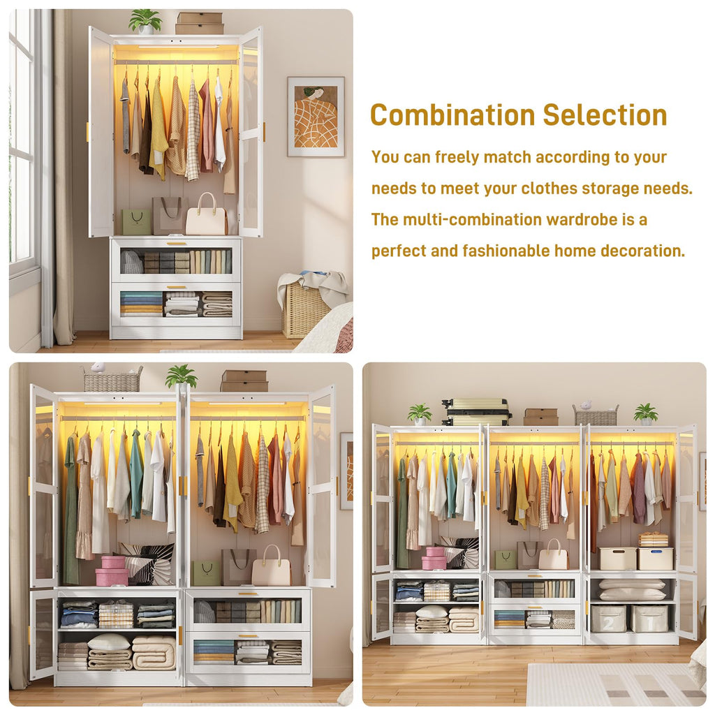 4 Doors Armoire Wardrobe Closet with LED and Mirror, 71" H Freestanding Wooden Wardrobe Closet Cabinet w 2