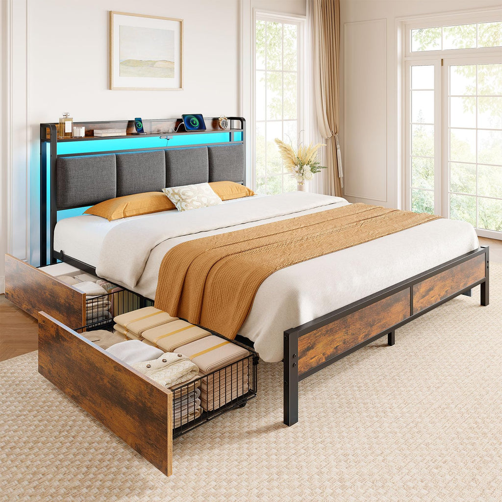 Bed Frame Full Size with Charging Station and LED Lights, Upholstered Storage Headboard with Drawers, Heavy Duty