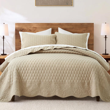 Khaki Pre-Washed Quilt Set, Embroidered Scalloped Edge Diamond Quilted Bedspread with Matching Pillow