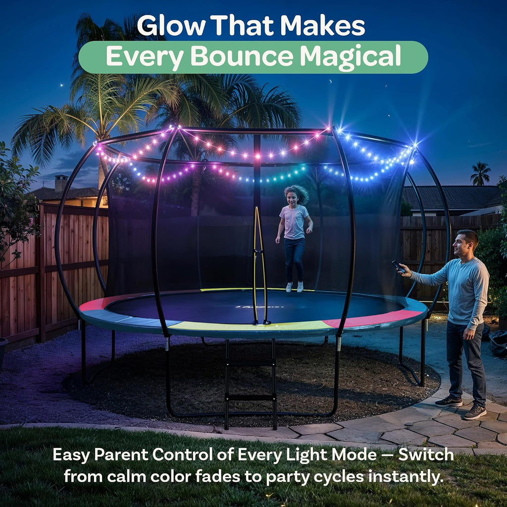 Trampoline - with LED Lights, Net, Ladder, ASTM Certified | 8Ft 10Ft 12Ft 14Ft 15Ft 16Ft, 450lb capacity, kids &