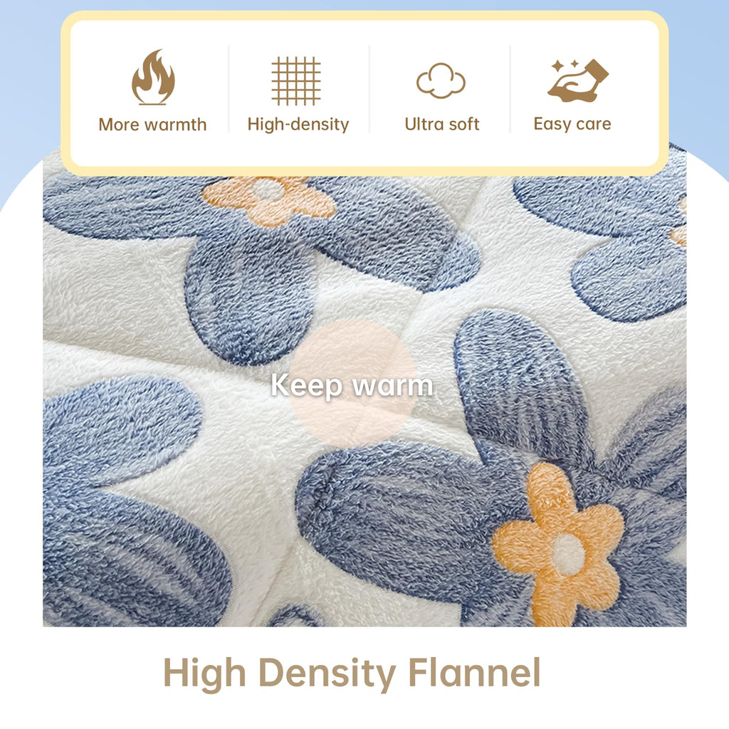 Blue Floral Fleece Comforter Set, 3 Piece Sherpa Bedding Set