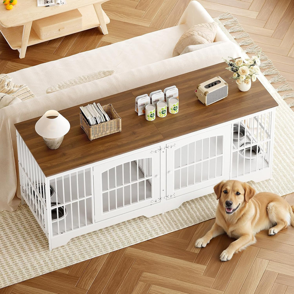 74.8" Dog Crate Furniture for 2 Dogs, Wooden Dog Kennel Indoor with Dog Bowls, Extra Large Double Doors Dog Crate TV