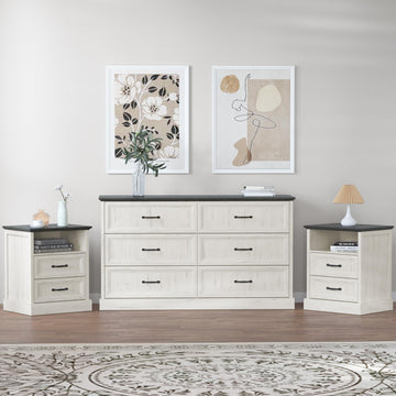 3 Pcs Farmhouse and Nightstand Sets, 6 Drawer & Nightstand Set of 2, Rustic Wooden Chest of Drawers Wide Storage