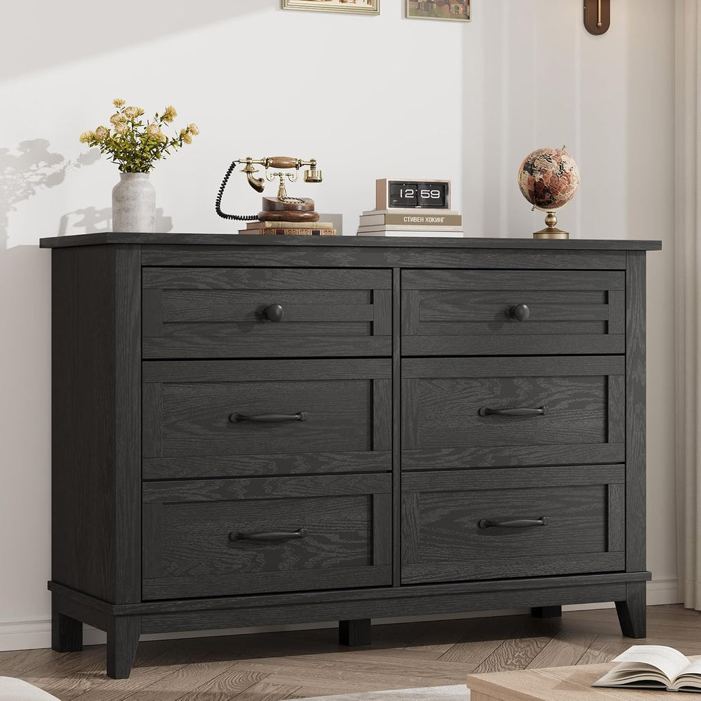 6 Dresser , 47 in Wide Drawer Dresser with Storage Freestanding, Wooden Closet Storage Chest , Dark Black