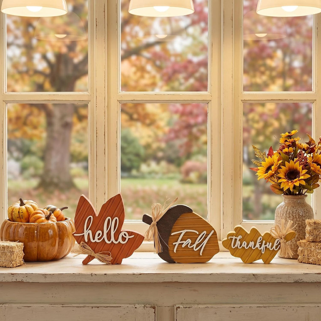 Fall Decorations, Wooden Fall Decor with Maple Leaf Oak Leaf and Acorn Table Decor, Rustic Farmhouse - Set of 3