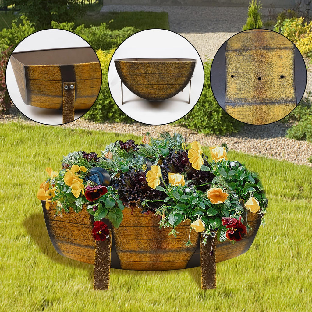 15.43In 2 Pack Rustic Barrel Planters, Decorative Outdoor Garden Backyard Planter with Legs, Metal Flower Pot Half