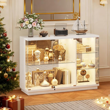Lockable Display Cabinet with Glass Doors and LED Lights,White | 47.2" W Lighted Glass Display Cabinet with Glass