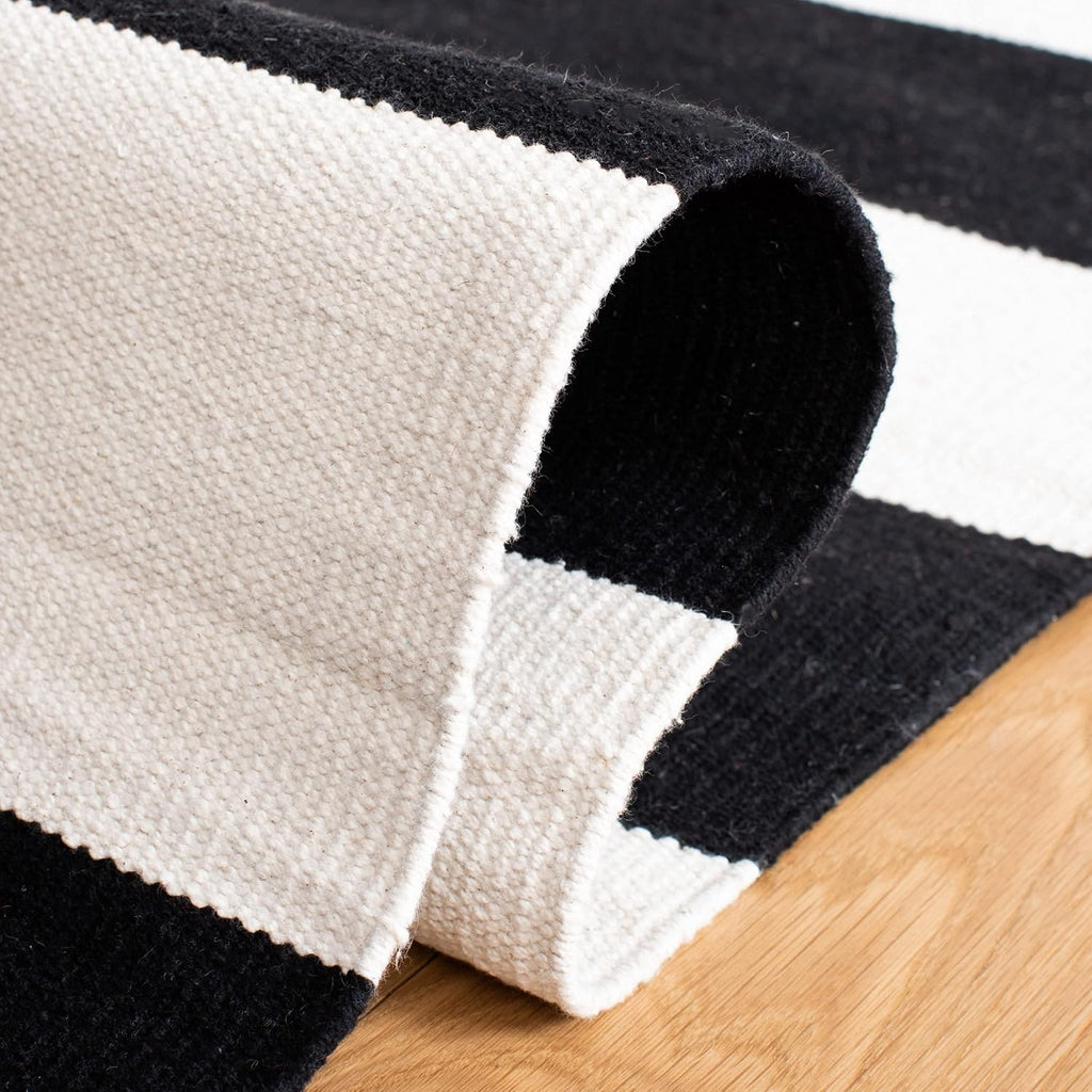 Montauk Collection Area Rug - 8' Square, Black & Ivory, Handmade Flatweave Cotton, Woven Texture, Farmhouse Stripe