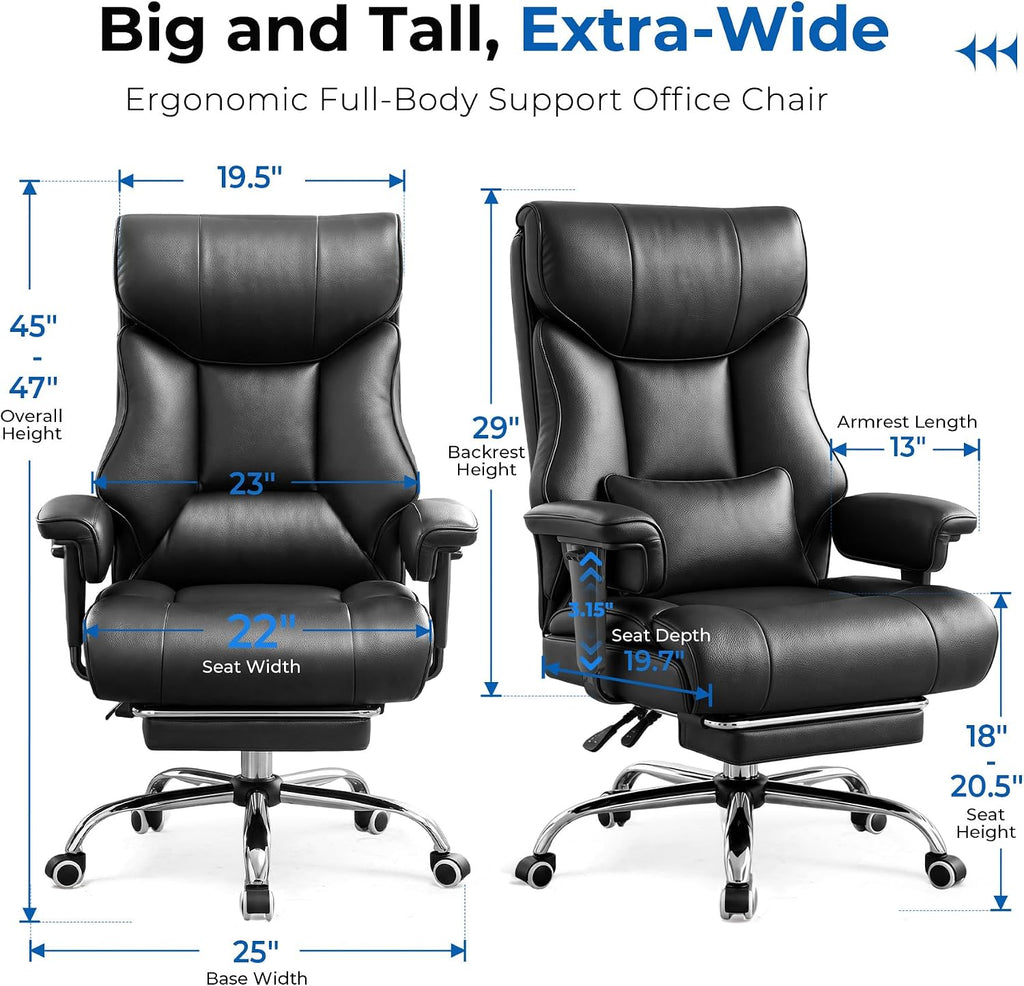 Big and Tall Office Chair,Heavy Duty Gaming Chair with Foot Rest and Wide Pocket Spring Cushion Reclining Height
