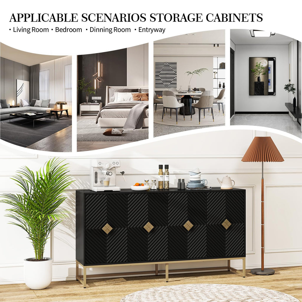 Sideboard Buffet Cabinet with Storage - Accent Storage Cabinet with Doors, Wood 4 Doors Cabinet with Metal Legs, 60"