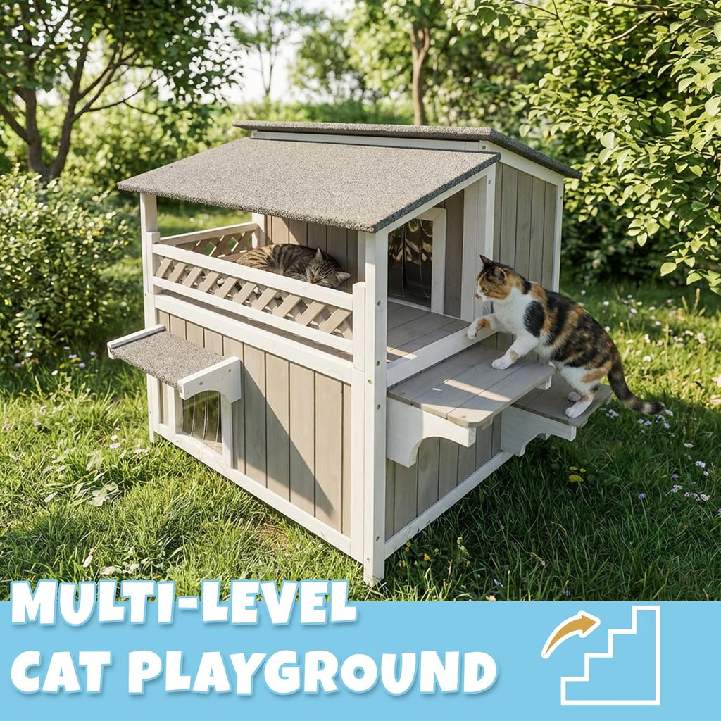 Outdoor & Indoor Wooden Cat House, Weatherproof Two-Story Cat Shelter, Enclosed Multi-Level Cat Home for Cats