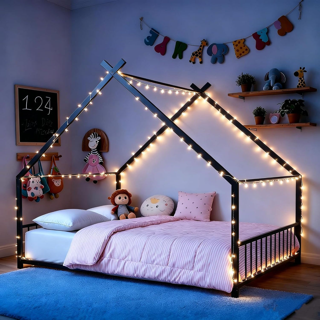 Metal Toddler Floor Bed with Slats & Fence, Black