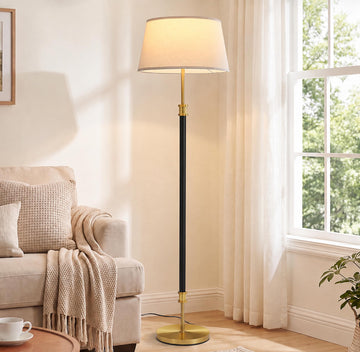 Modern Mid Century Floor Lamp with Soft Linen Shade, 63" Tall Black & Brass Standing Lamp, Weighted Base, Warm