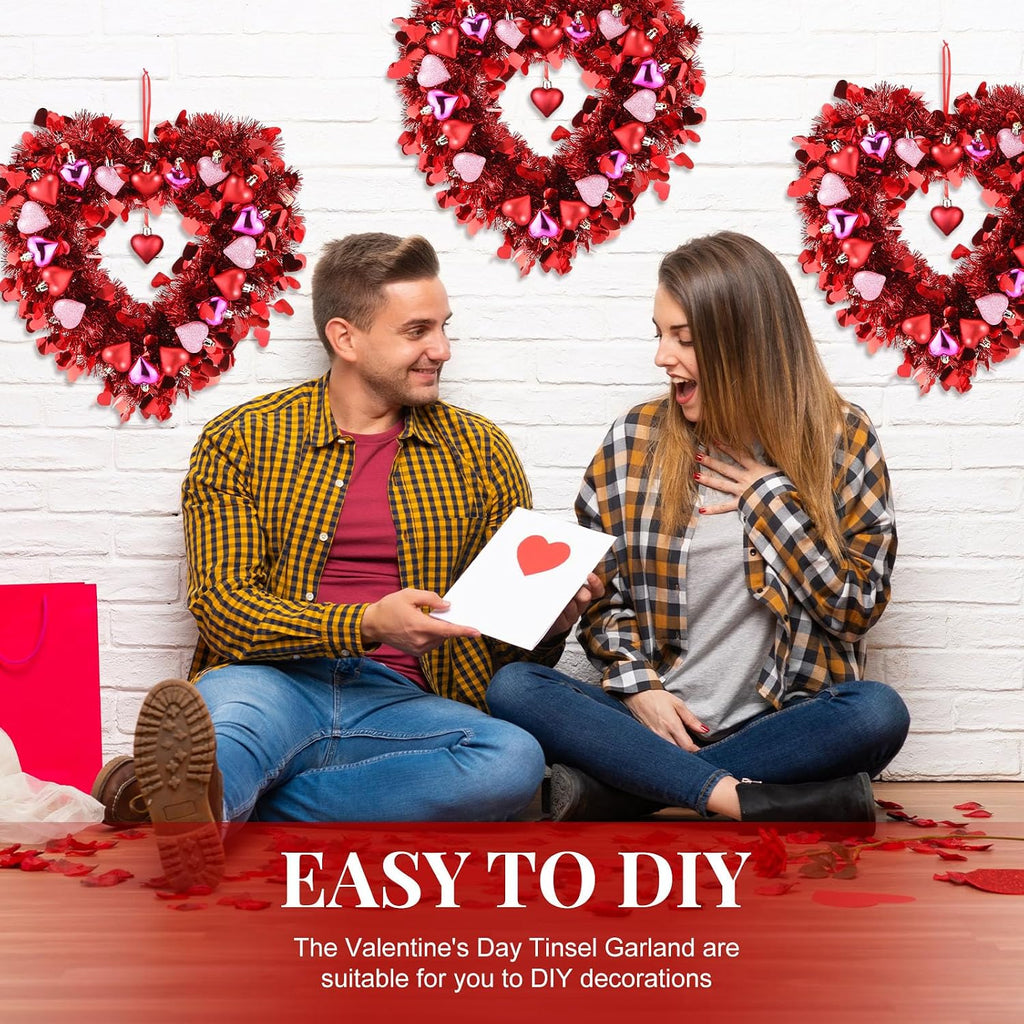 Valentines Wreath for Front Door Valentines Heart Shaped Tinsel Garland Hanging Heart Wreath Decor Birthday Wedding