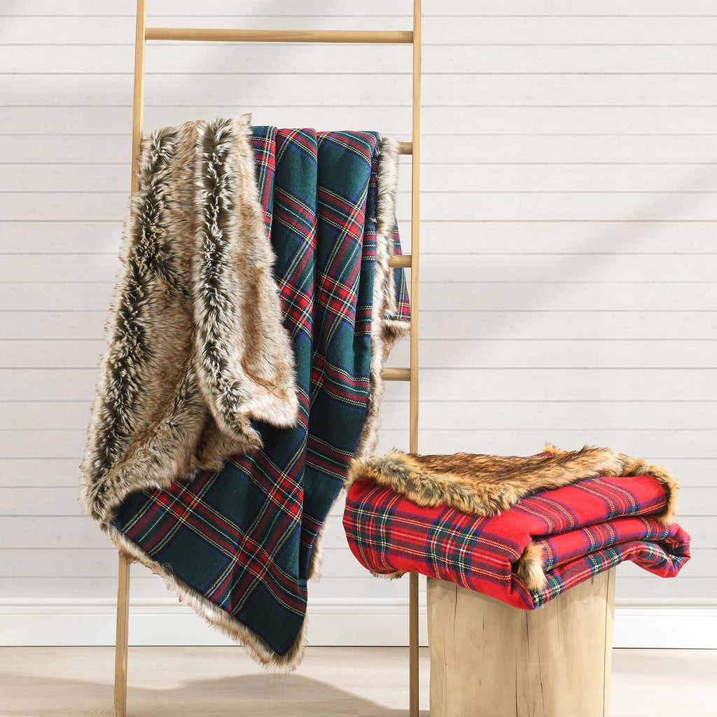 Luxury Plush Faux Fur Throw Blanket with Red Plaid Pattern, Super Warm, Fuzzy, Elegant, Fluffy Decoration Christmas